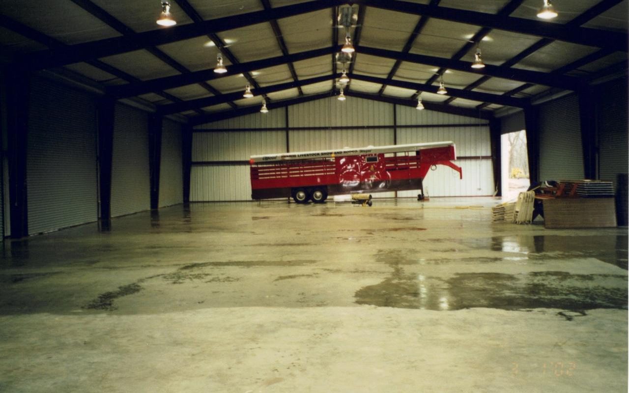 Engineered metal equipment building interior with clear-span steel frame